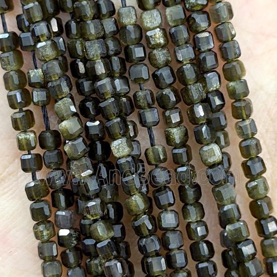Natural Obsidian Beads Golden Flash Faceted Cube