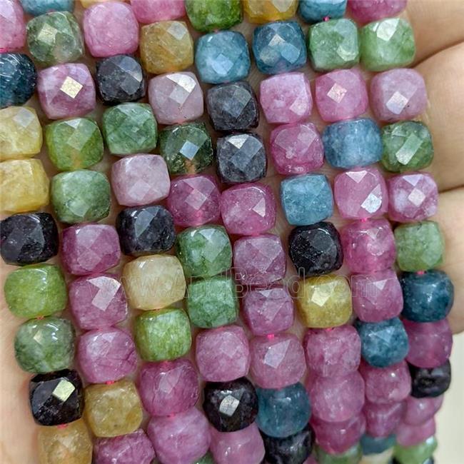 Natural Jade Beads Mixed Color Dye Faceted Cube