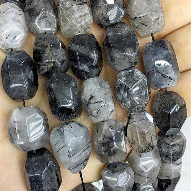 Natural Black Rutilated Quartz Nugget Beads Freeform Faceted