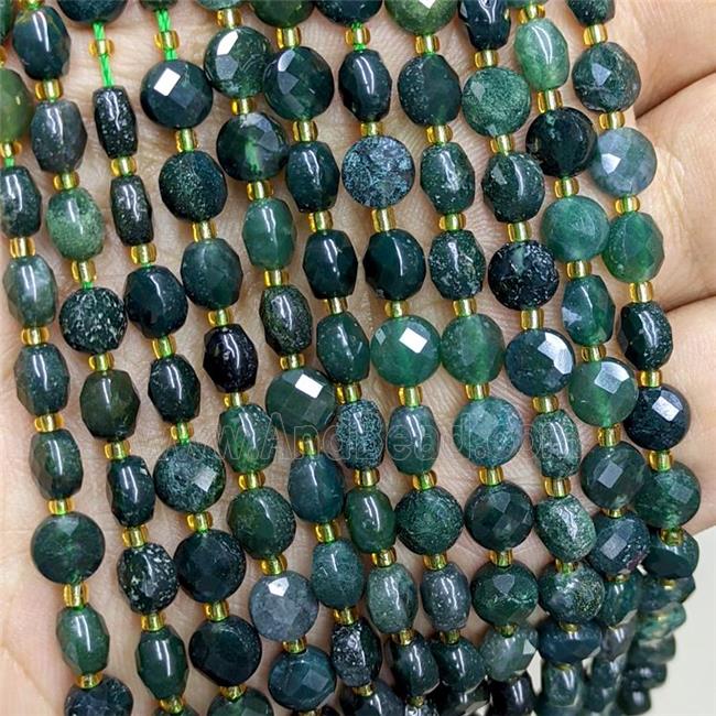 Natural Green Moss Agate Beads Faceted Coin