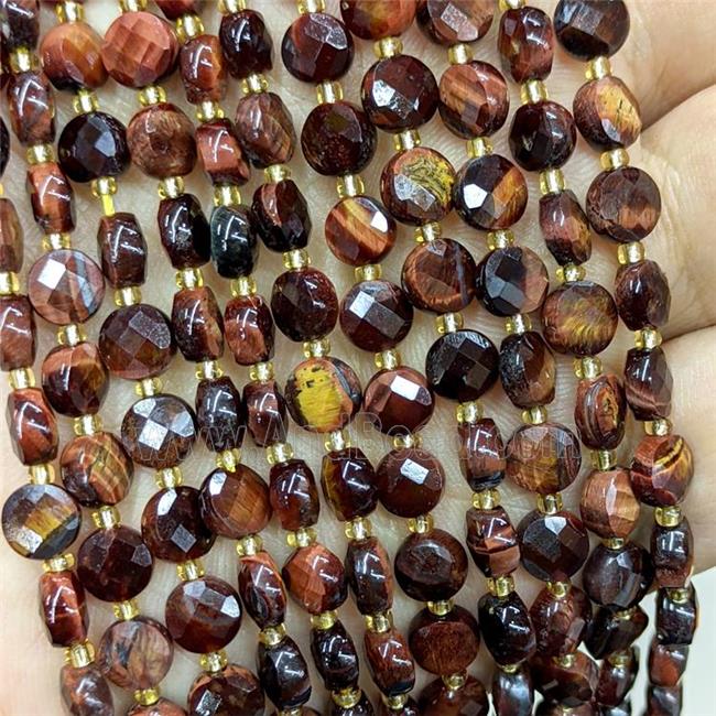 Natural Tiger Eye Stone Beads Red Dye Faceted Coin