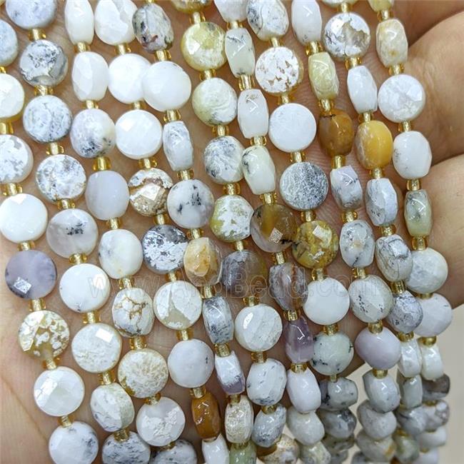 Natural White Moss Opal Beads Faceted Coin