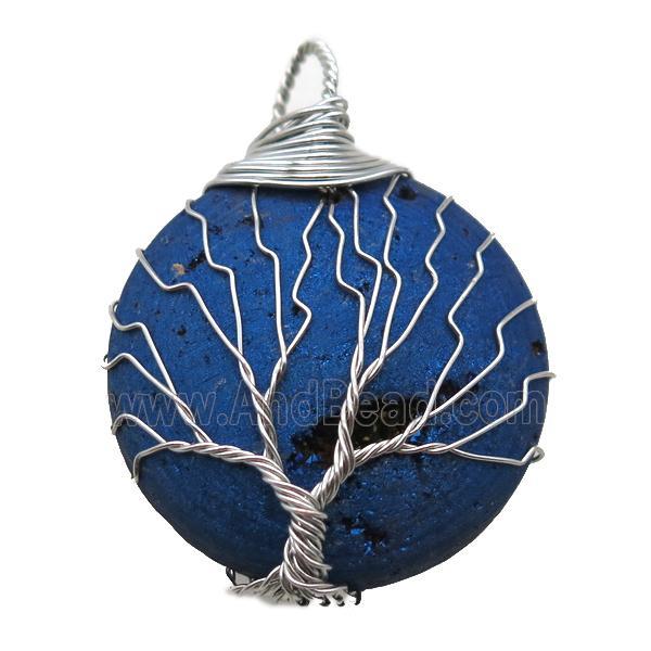blue Agate Druzy circle pendant wire warpped tree of life