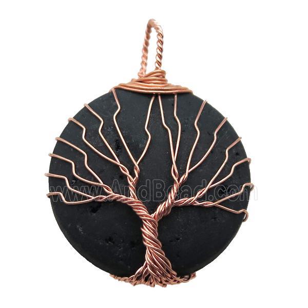 black electroplated Agate Druzy circle pendant wire warpped tree of life