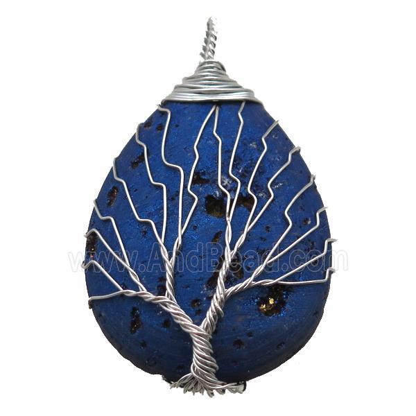 blue electroplated Agate Druzy teardrop pendant wire warpped tree of life