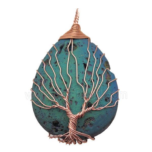 green electroplated Agate Druzy teardrop pendant wire warpped tree of life