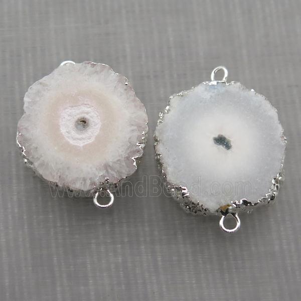 white Solar Quartz Druzy slab connector, freeform, silver plated