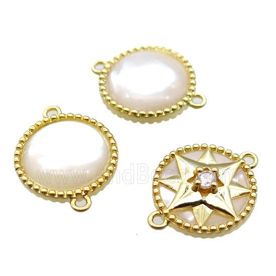white Pearlized Shell coin round connector, gold plated