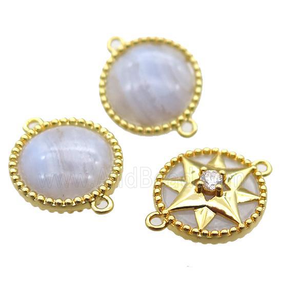 blue lace agate circle connector, gold plated