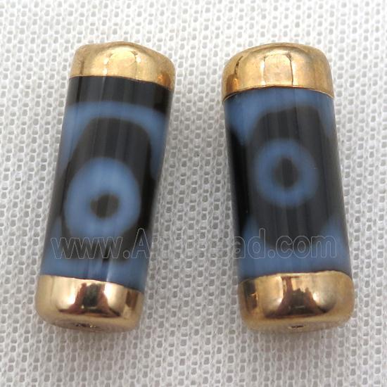 black tibetan Dzi Beads tube beads, eye, gold plated