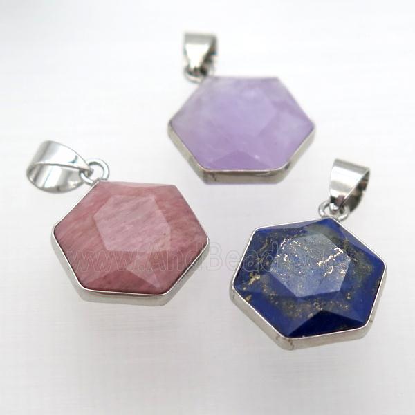 mixed Gemstone pendant, faceted hexagon
