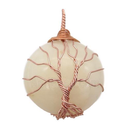 pink Aventurine pendant with wire wrapped, tree of life, rose gold
