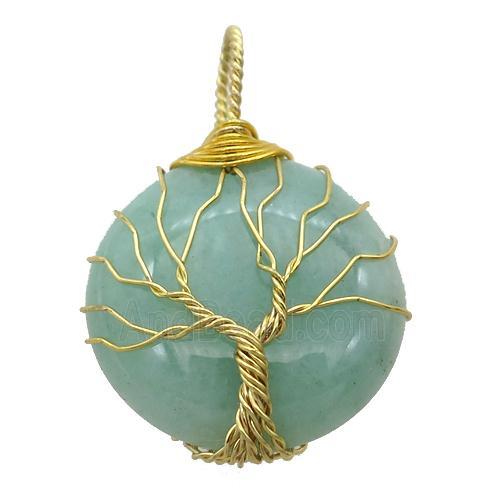 green Aventurine pendant with wire wrapped, tree of life, gold plated