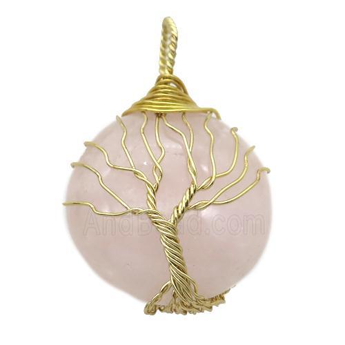 Rose Quartz pendant with wire wrapped, tree of life, gold plated