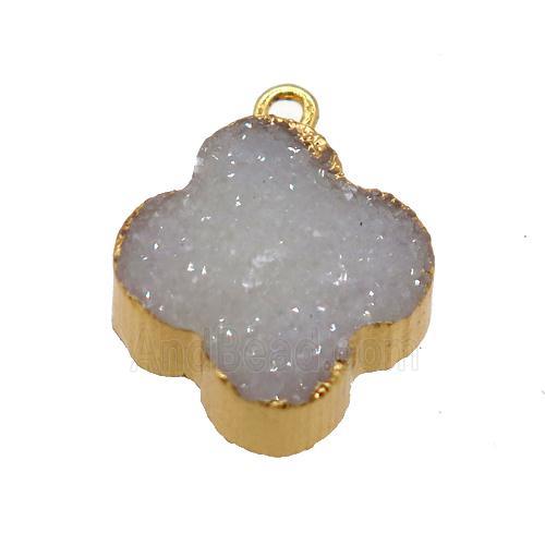 white druzy agate clover pendant, gold plated
