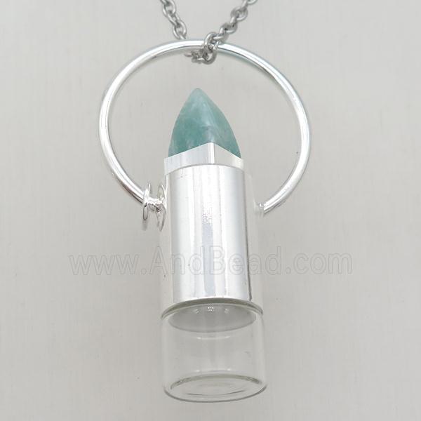 copper perfume bottle Necklace with amazonite, shinny silver plated