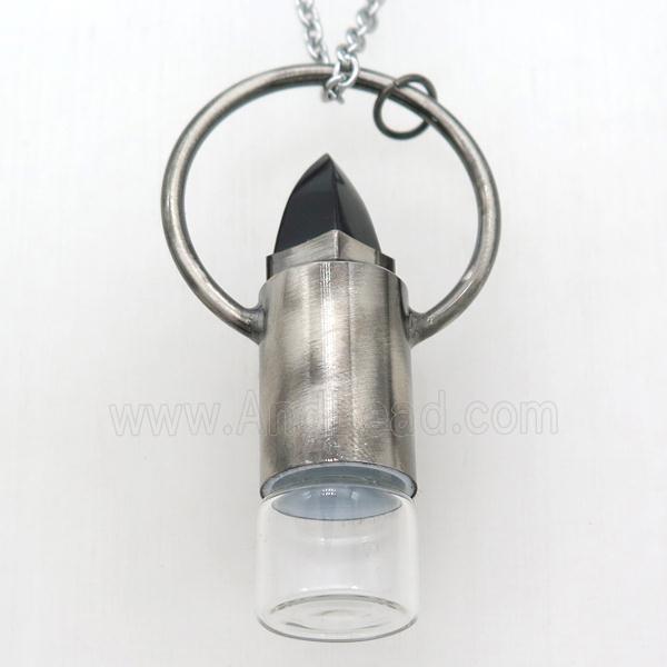 copper perfume bottle Necklace with black onyx, gunmetal