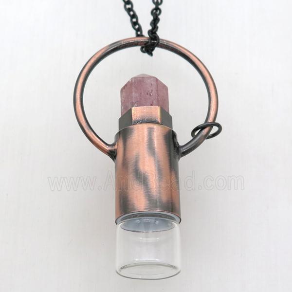 copper perfume bottle Necklace with strawberry quartz, antique red