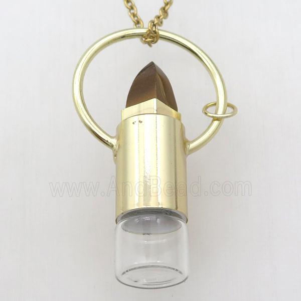 copper perfume bottle Necklace with tiger eye stone, gold plated