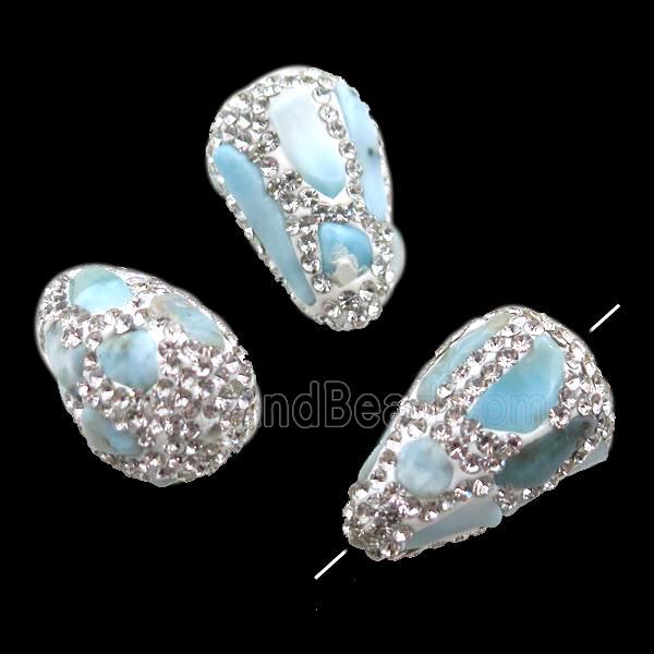 Clay teardrop Beads paved white rhinestone with Larimar