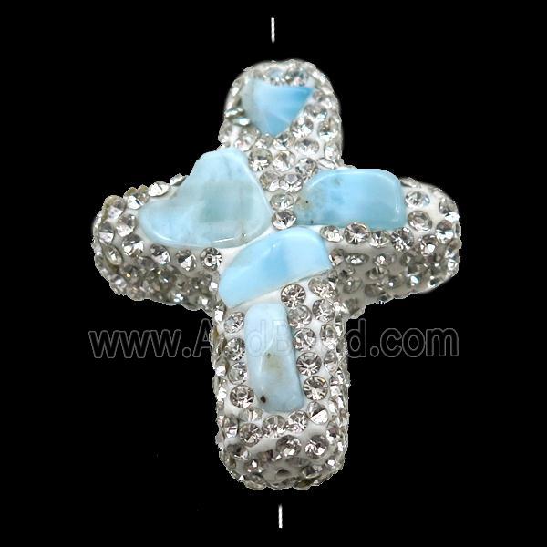 white Clay cross Beads paved rhinestone with Larimar