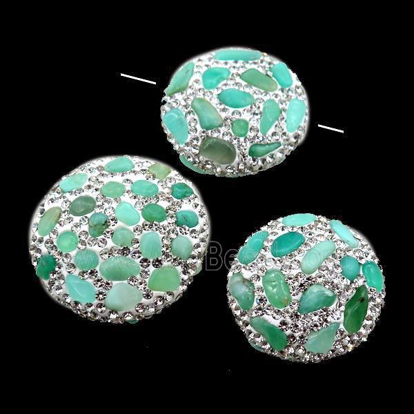 white Clay coin Beads paved rhinestone with Chrysoprase