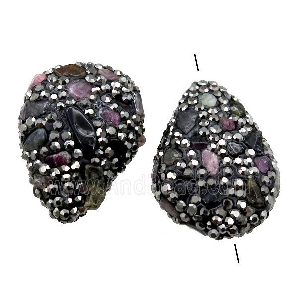 Clay Beads paved rhinestone with Tourmaline, teardrop