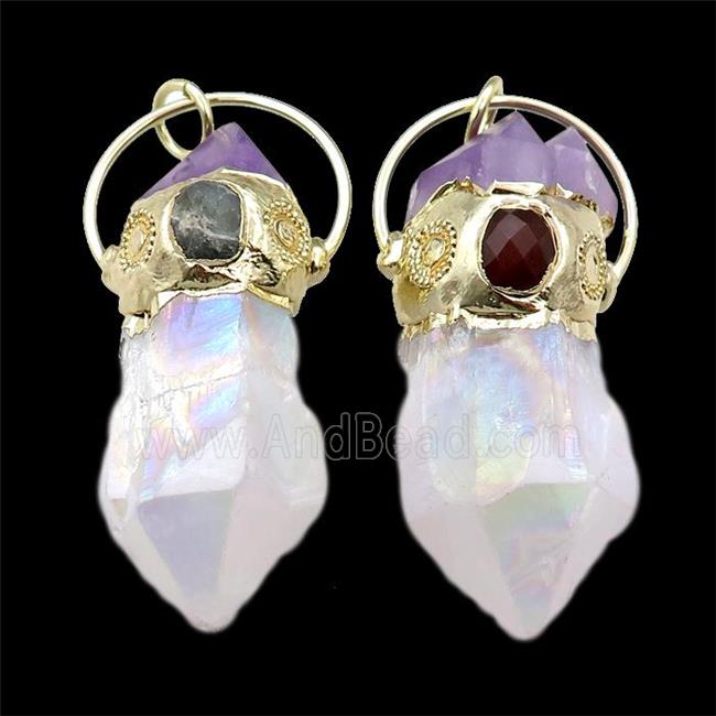 white Quartz Crystal pendant with amethyst, gold plated
