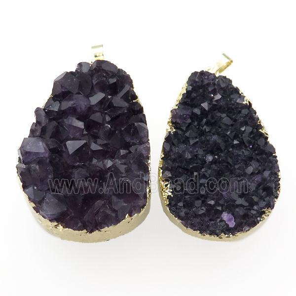 purple Amethyst Druzy pendant, freeform, gold plated