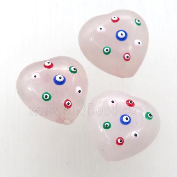 Rose Quartz heart Beads with evil eye