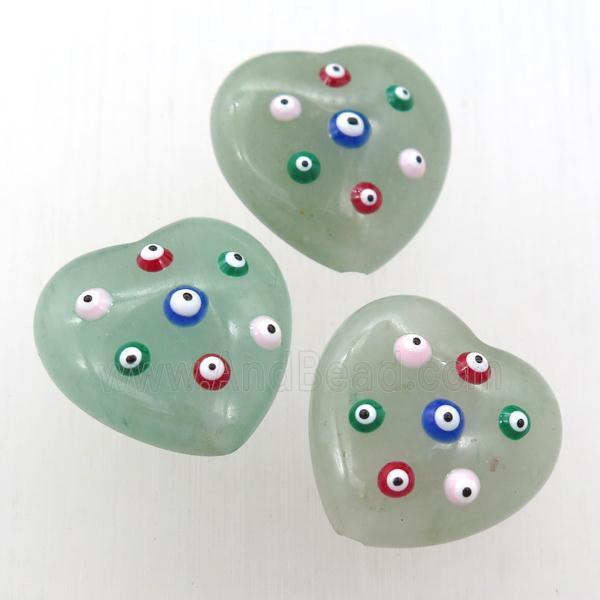 green Aventurine heart Beads with evil eye
