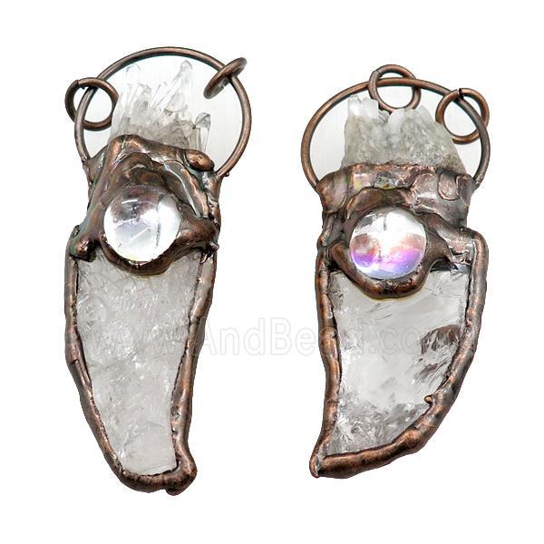 Clear Quartz horn pendant, hammered, antique red