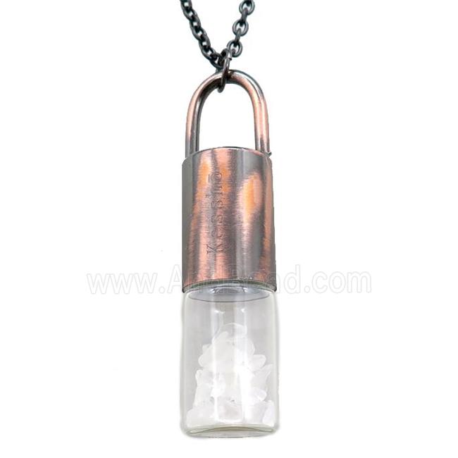 copper perfume bottle Necklace with clear quartz, antique red