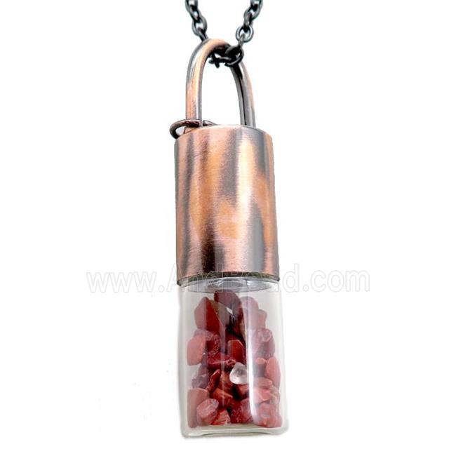 copper perfume bottle Necklace with red jasper, antique red