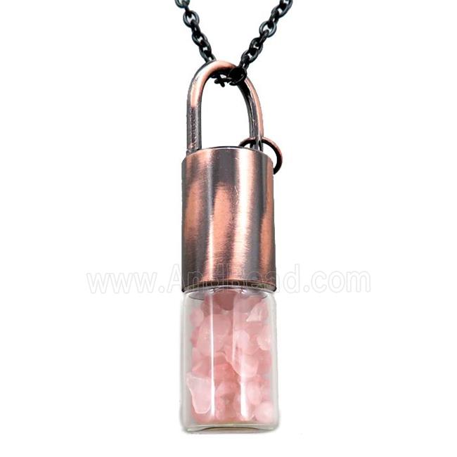 copper perfume bottle Necklace with rose quartz, antique red