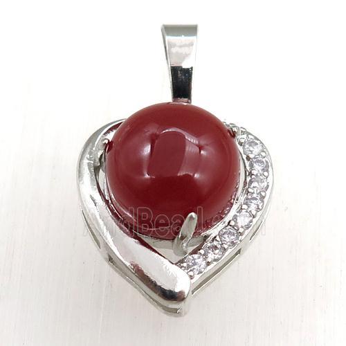 red carnelian agate pendant paved rhinestone, heart, platinum plated