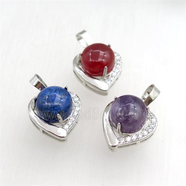 mix gemstone pendant paved rhinestone, heart, platinum plated