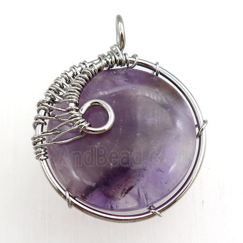 amethyst pendant, circle, wire wrapped