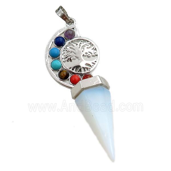 white opalite chakra pendulum pendant, tree of life, platinum plated