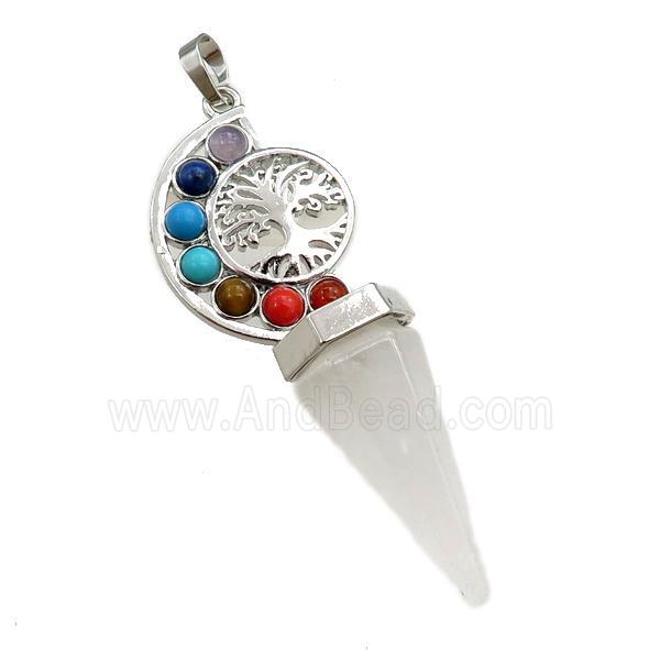 clear quartz chakra pendulum pendant, tree of life, platinum plated