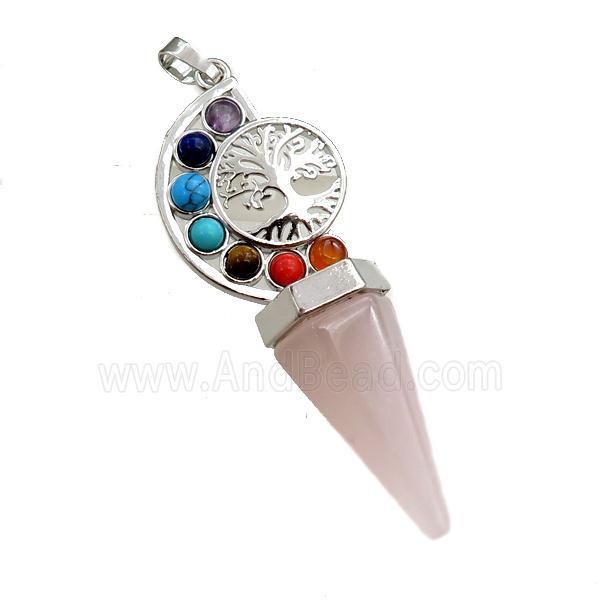 rose quartz chakra pendulum pendant, tree of life, platinum plated