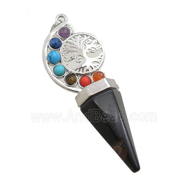 black obsidian chakra pendulum pendant, tree of life, platinum plated