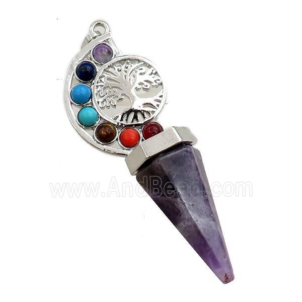 amehyst chakra pendulum pendant, tree of life, platinum plated
