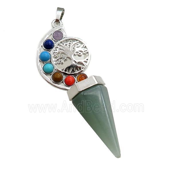 green aventurine chakra pendulum pendant, tree of life, platinum plated