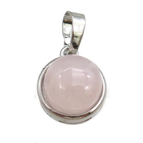 rose quartz pendant, circle, platinum plated