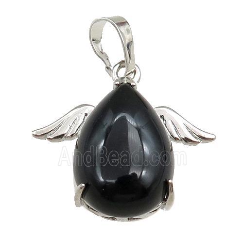 black onyx agate angel pendant, platinum plated