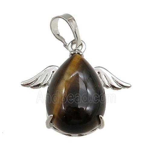 tiger eye stone angel pendant, platinum plated