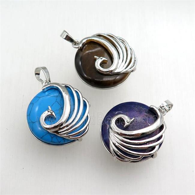 mixed gemstone circle pendant with phoenix