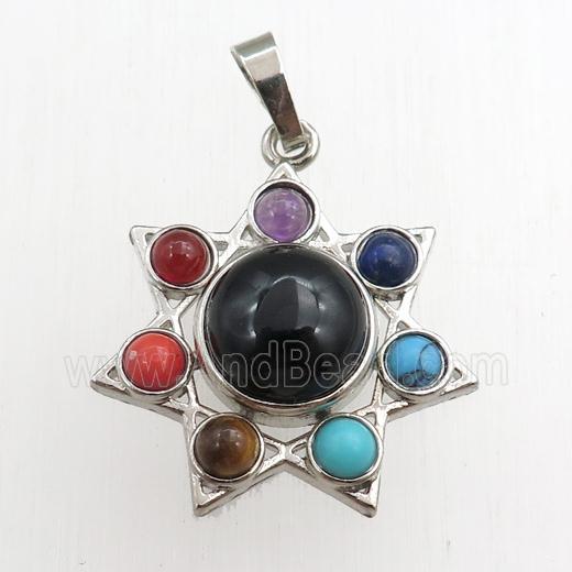 black onyx agate chakra pendant, platinum plated