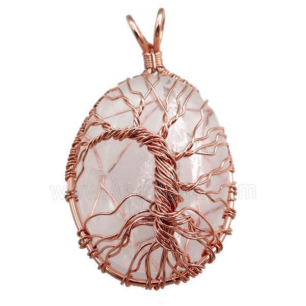 clear quartz oval pendant with tree of life, wire wrapped